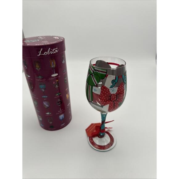 Lolita Wine Glass “Tie One On” Hand Painted Bows Present Christmas Birthday - Picture 1 of 6